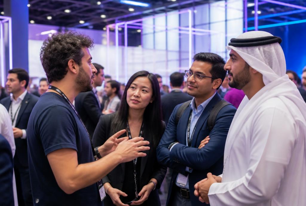 A founder talking with a group of investors at a technology event